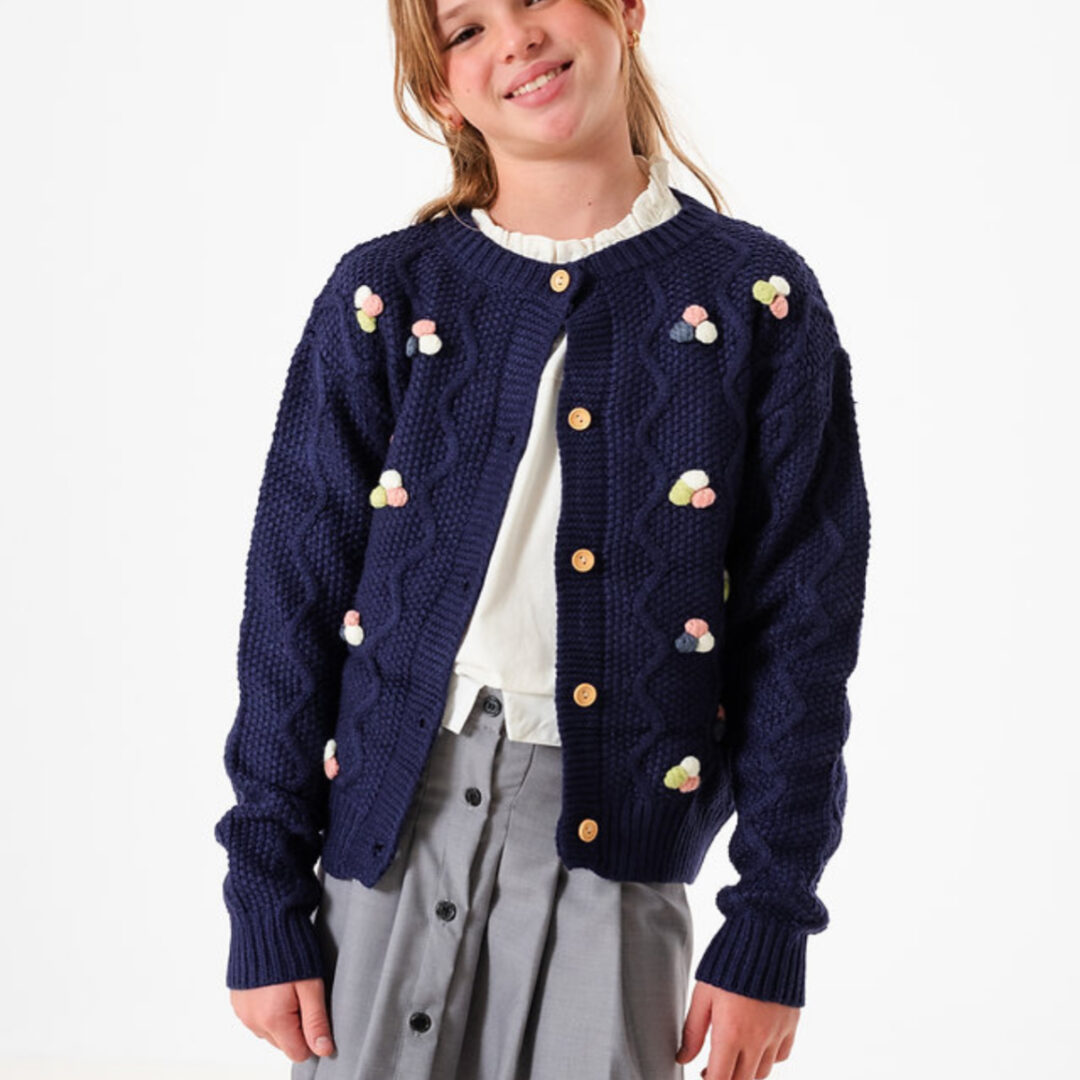 CARDIGAN POM POM AZUL . LÍNEA IMPORTADA