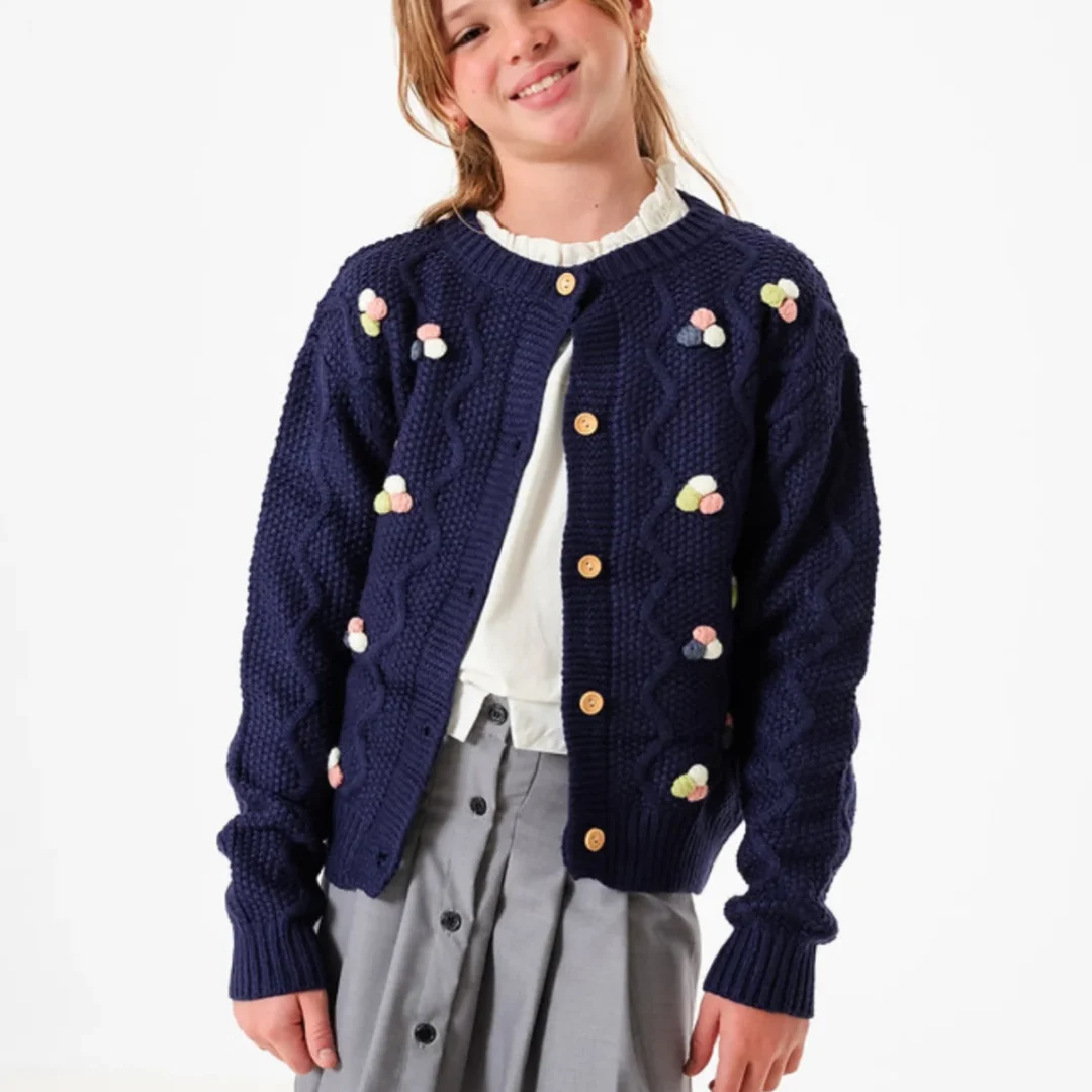 CARDIGAN POM POM AZUL . LÍNEA IMPORTADA