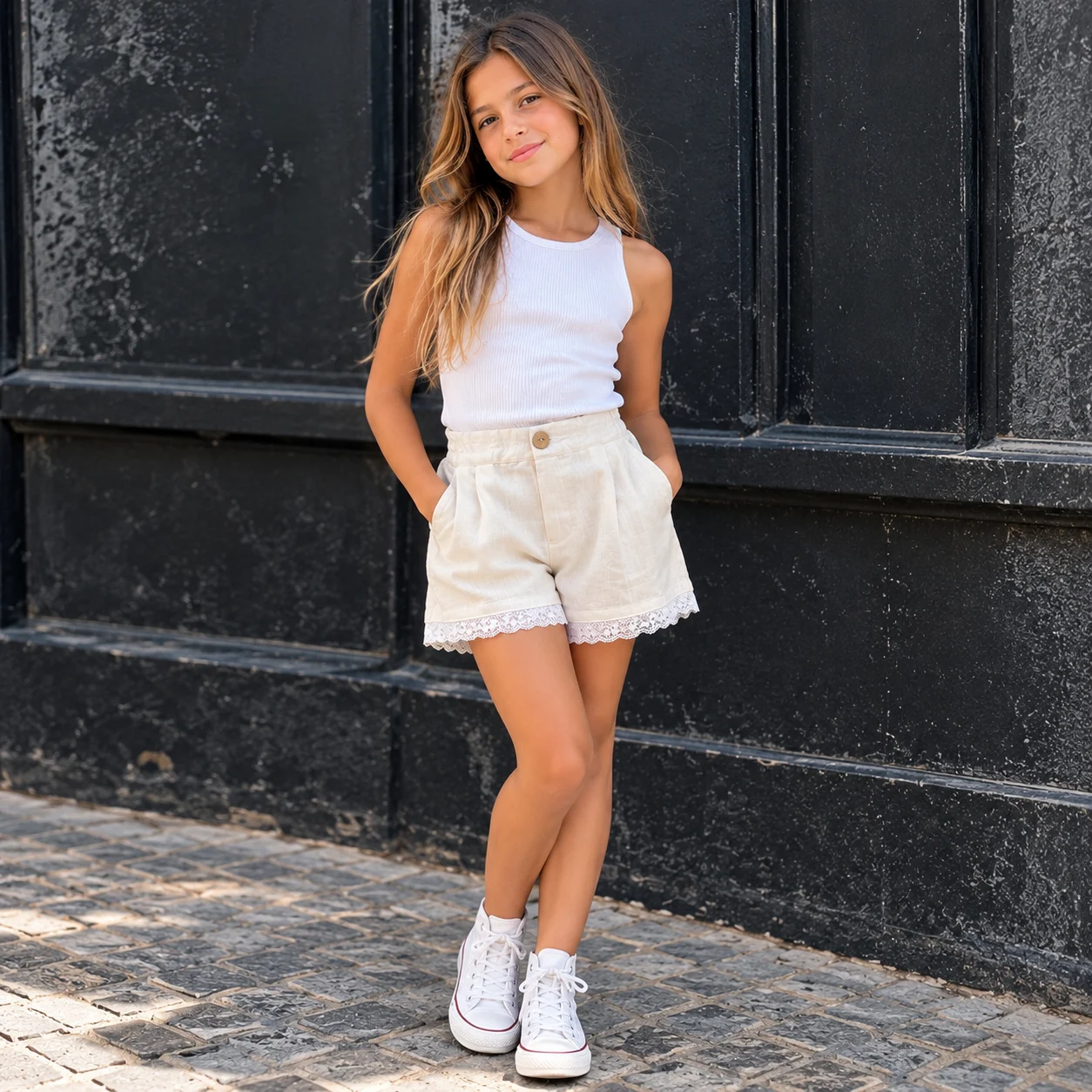 SHORT DE LINO NATURAL CON PUNTILLA
