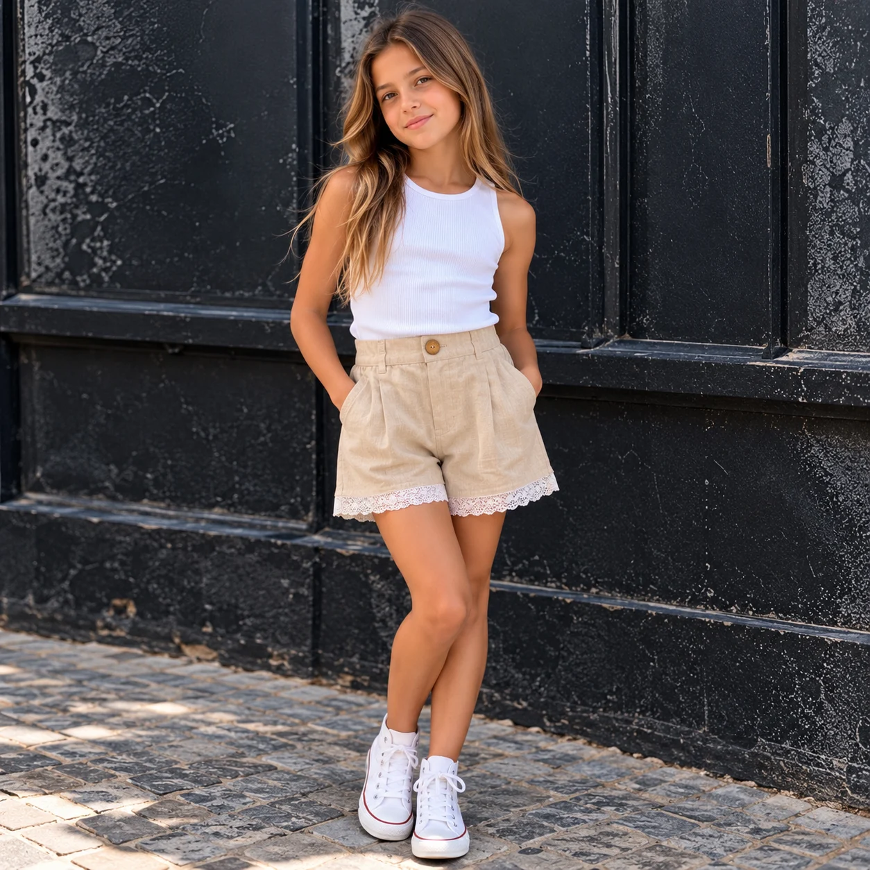 SHORT DE LINO BEIGE CON PUNTILLA