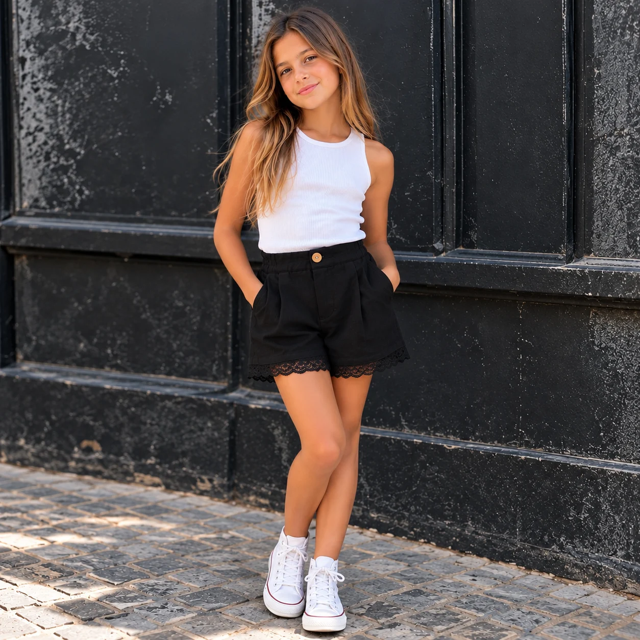 SHORT DE LINO NEGRO CON PUNTILLA